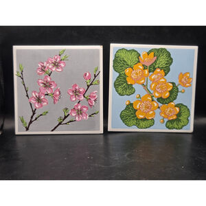 2 Vtg Ceramic Tile Trivets Glass Models Plants Botanical Museum of Harvard Univ